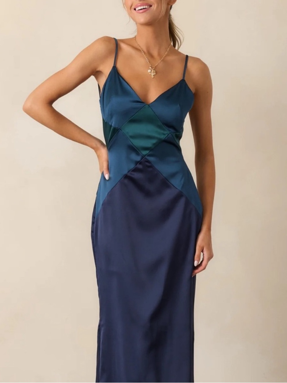 Red Dress Boutique Navy and Teal Satin Slip Dress